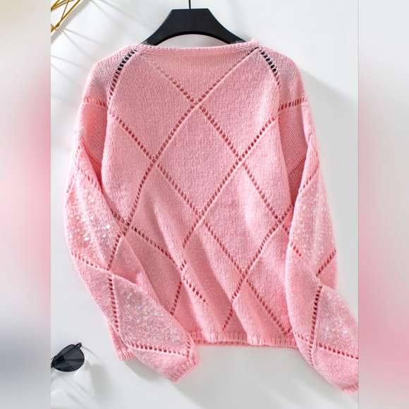 Pink Crew Neck Long Sleeve Sweater with Diamond Openwork Pattern - Picture 3 of 5